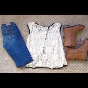 White Lace Black Trim Top