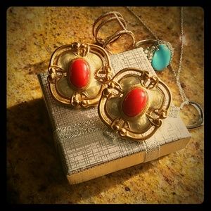 Monet designer matte gold enamel red earrings