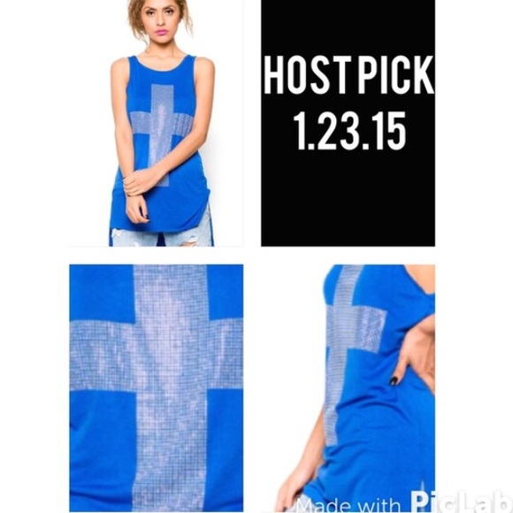 Blue Hi Lo Tank with cross embellishment