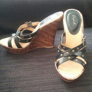 Black studded strappy slip-on wedges