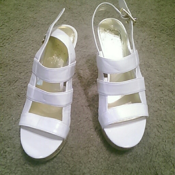 White Patton leather Fergie strappy wedge shoes