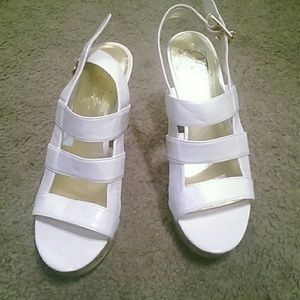 White Patton leather Fergie strappy wedge shoes