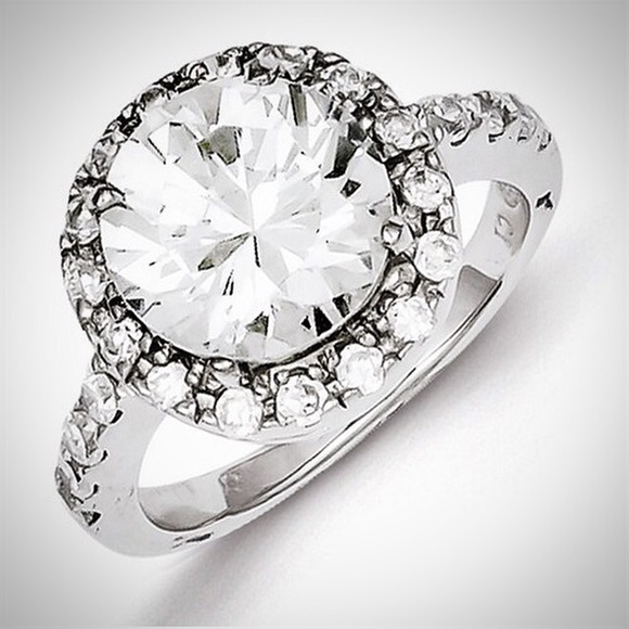 Sterling Silver Rhodium Plated CZ Engagement Ring