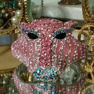 Pink Enameled Rhinestone Encrusted Tiger Bracelet