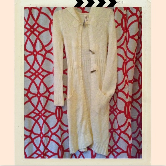 Hooded, Cream Knee-length Cardigan