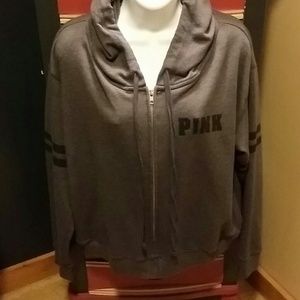 VS Pink. Grey hoodie with black PINK and stripes.