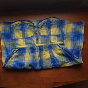 Blue and yellow strapless dress