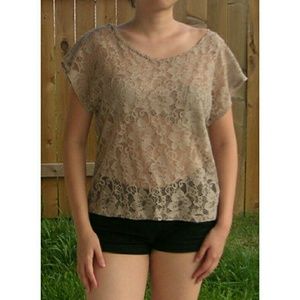 Nude Lace Pocket Short Sleeve TShirt Top Blouse S