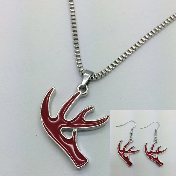 Deer horn necklace / earring set (red)