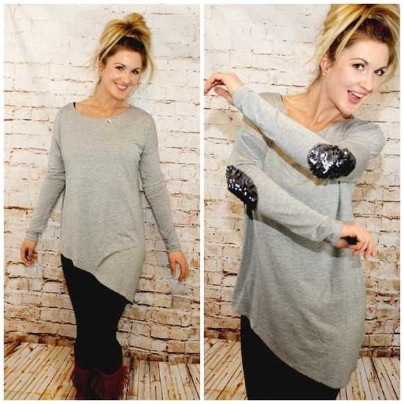 Sequined Elbow Asymmetrical Tunic Top in Gray NEW!