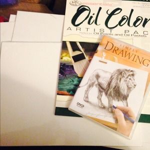 3 large canvas, one smaller. Drawing book, disc
