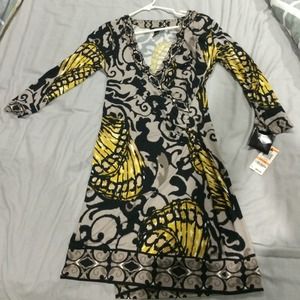 3 quarter sleeve printed beaded faux wrap dress