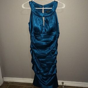 Satin teal party dress with rouching