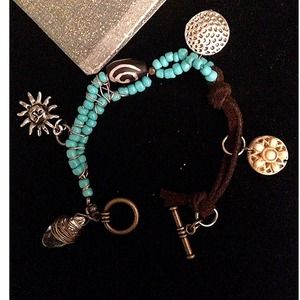 Handmade beaded charm bracelet with real leather