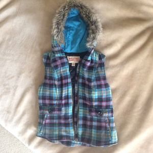 Plaid Vest with Fur Hood