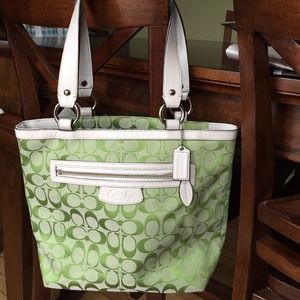 Lime green and white coach purse
