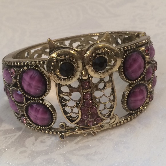 Purple Owl Wide Hinged Bangle Bracelet