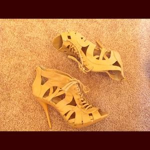 Leather like tan sandal peep toe high heels