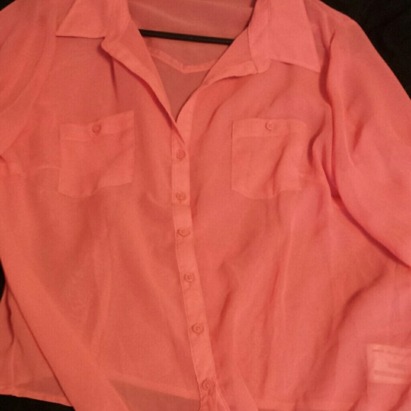 Bright pink sheer button up with tie at the bottom