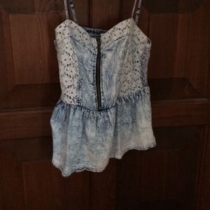 Denim look tank top with crochet parts in front