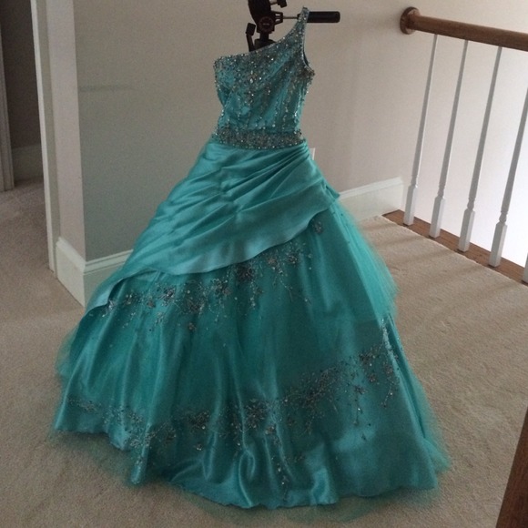Turquoise one shoulder pageant dress