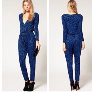 Asos blue wrap front Yoko print jumpsuit