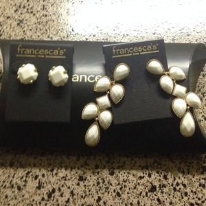 White studs and white drop earrings