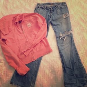 This is a relaxed pair, denim and hoodie.