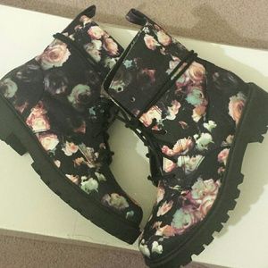 Rose Floral Print Combat Boots