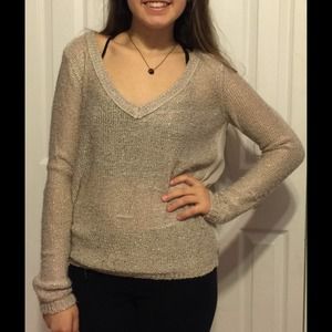 Beige V Neck Sweater with Sheer Back