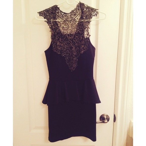 Gold & Black Lace Appliqué Black Peplum Dress