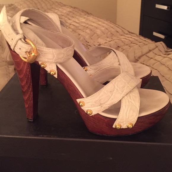 Gucci white leather and wood studded sandals