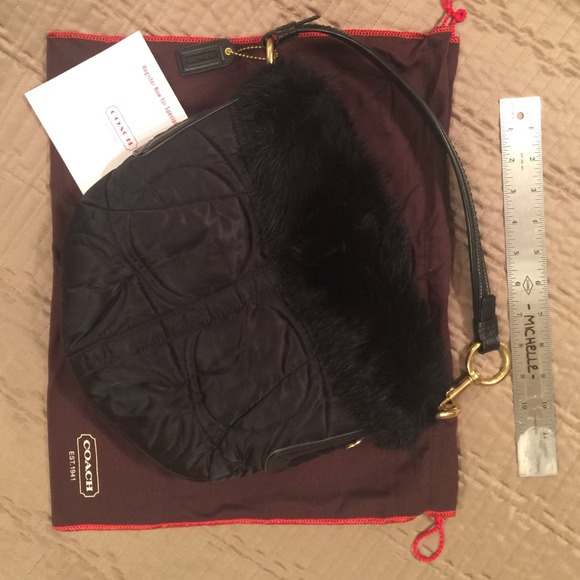 NWOT Coach Quilted Blk Satin Rabbit Fur Trim 3586