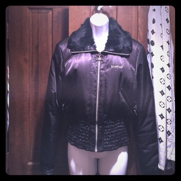 bebe Large Bolero Puffer Down Rabbit Fur Lined Blk
