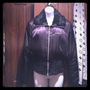 bebe Large Bolero Puffer Down Rabbit Fur Lined Blk