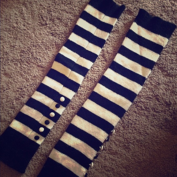 Black and white striped leg warmers with buttons