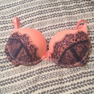 Peach with blue lace bra