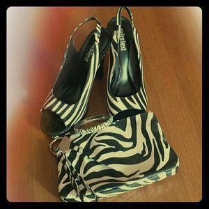 Zebra print heels w/ zebra print clutch & bracelet