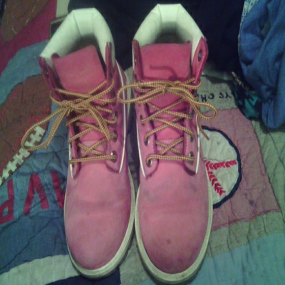 Pink and white Timberlands