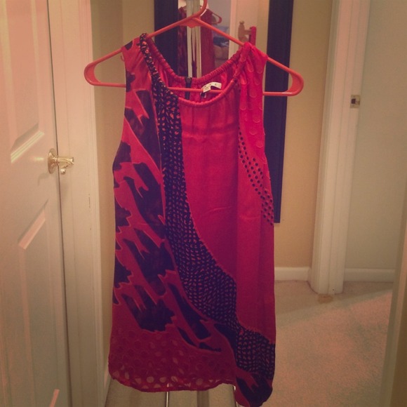 Red and Black Sleeveless Silk Blouse