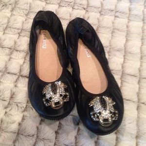 Black bling frog Miu Miu flats