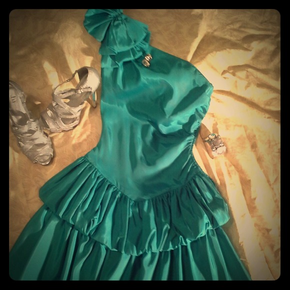 Teal green one shouldered tea length formal dress - Picture 1 of 2