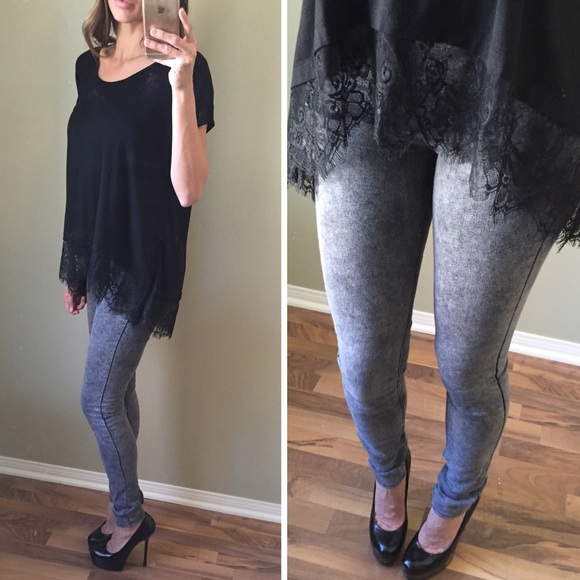 SOLD Black Short Sleeve Top with Lace Trim - Picture 2 of 4