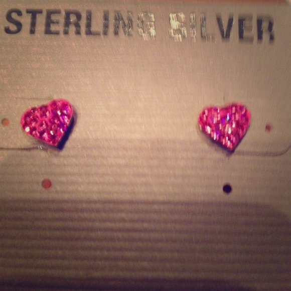 Pink sterling silver heart earrings - Picture 1 of 2
