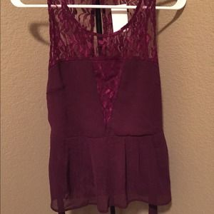 Maroon sheer and lace peplum top
