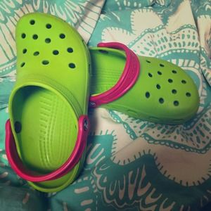Green and pink Crocs