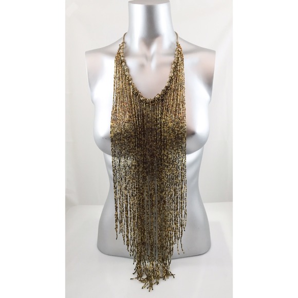 NEW GOLD BROWN BOHO BEAD FRINGE STATEMENT NECKLACE