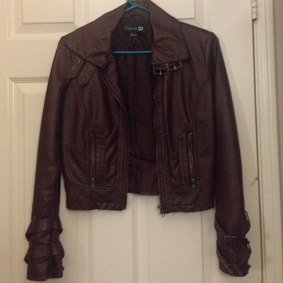 Burgundy purple leather jacket with buckle detail