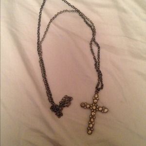 Gun metal cross long necklace