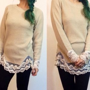 Sheinside- Cream lace trim sweater